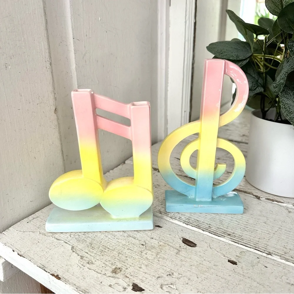 Vintage Fitz & Floyd Music Note Treble Clef Pastel Color Bud Flower Vases Japan